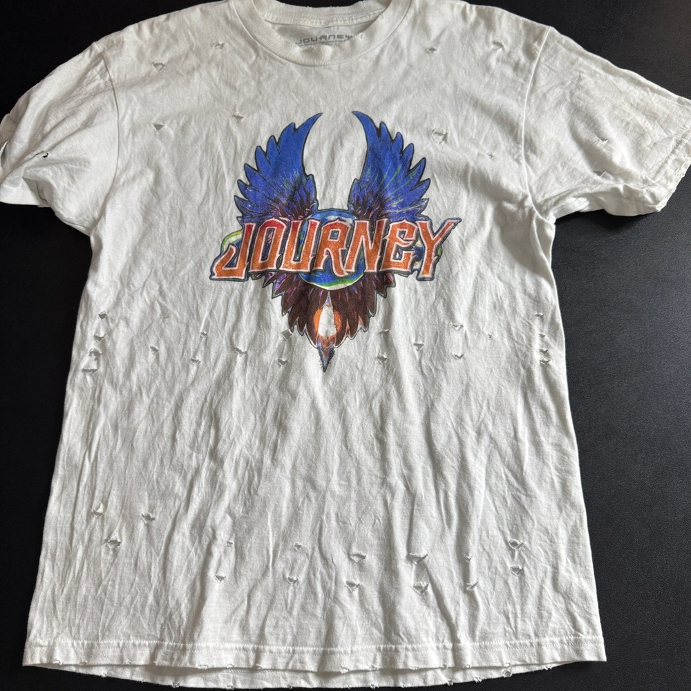 Journey T Shirt White Distressed‎ Rock Band Graphic Logo M/M Medium Music